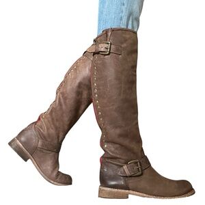 Steve Madden Women’s Genuine Leather Brown Riding Boots with Red Zipper- Size 7